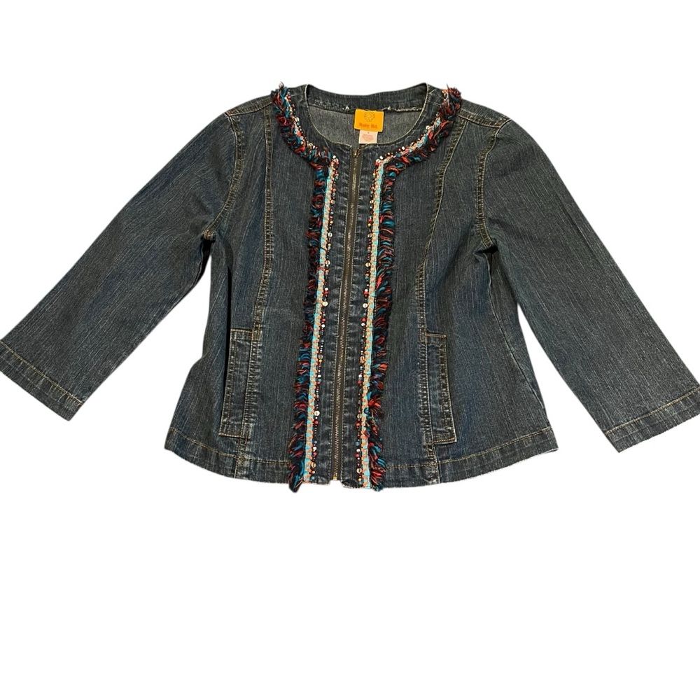 Ruby Rd Women 6 Blue Denim Full Zip Fringe Embellished Beaded Jacket Boho Chic